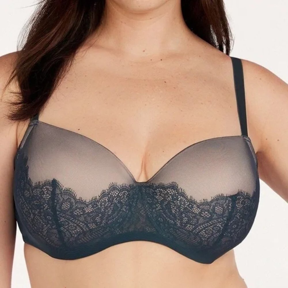 Thirdlove‎ Eyelash Lace Demi Bra Power Mesh Darkest Teal & Gold Women's Size 44D